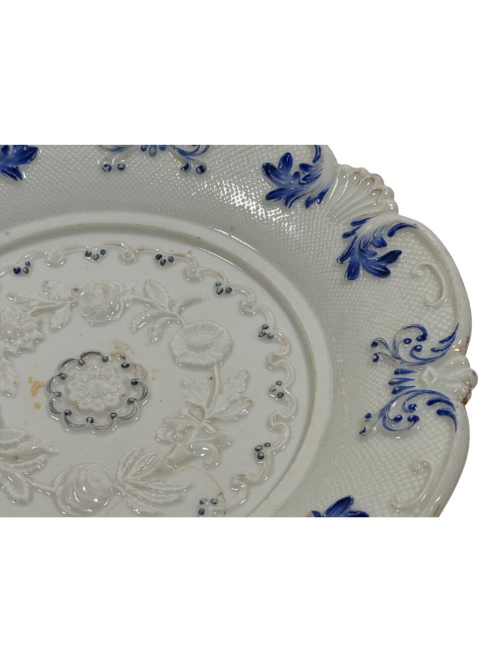 Antique German White Blue on White Relief Floral Bowl Embossed Scalloped Edges - Picture 2 of 5